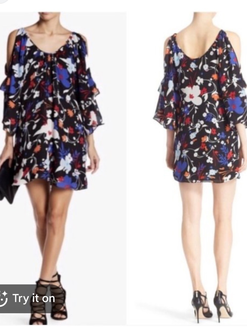 Parker NEW Black Floral cold shoulder silk mini dress
